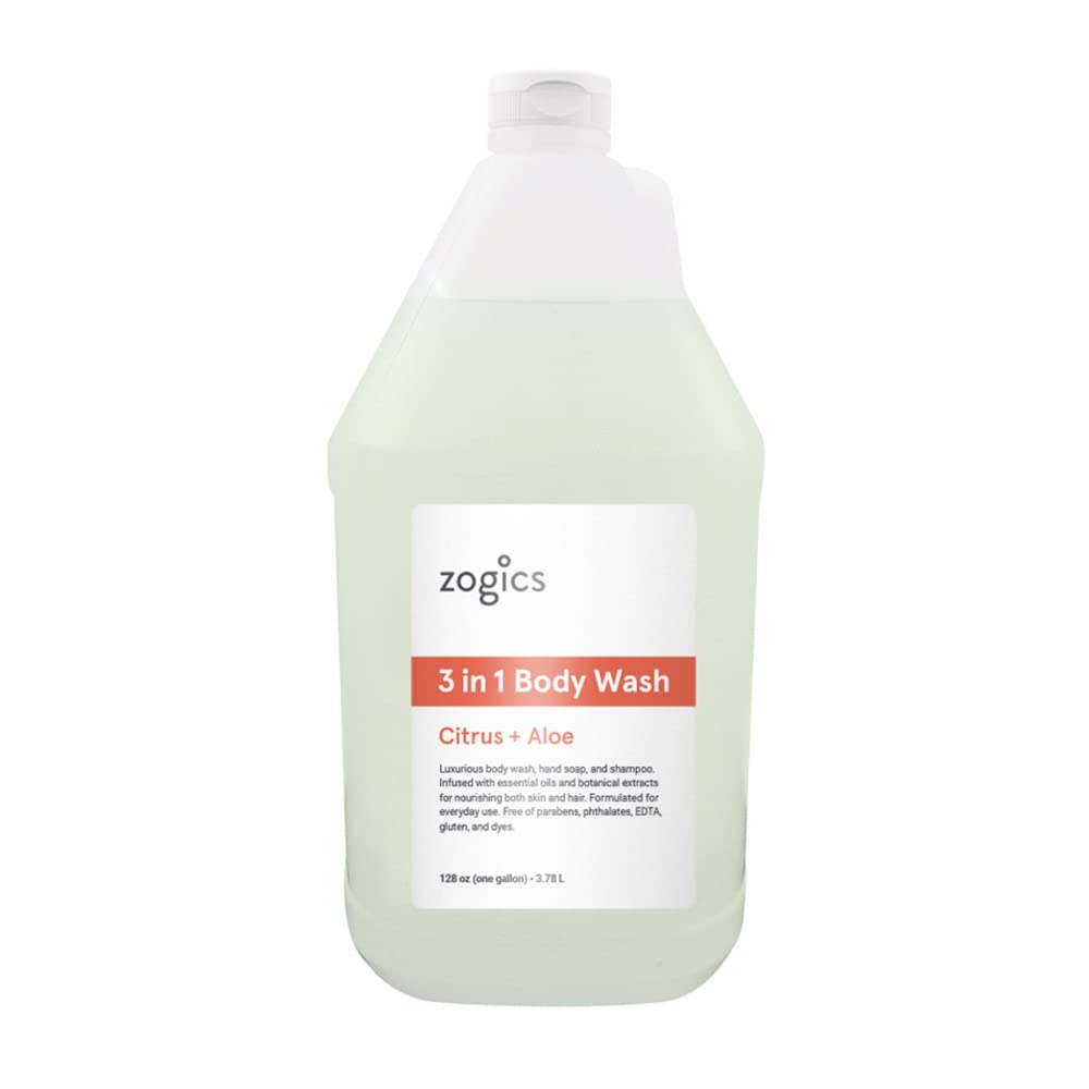 Zogics 3-in-1 body wash bottle pour demonstrates all-in-one formula for daily use