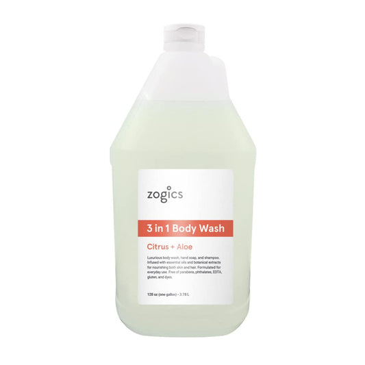 Zogics 3-in-1 body wash bottle pour demonstrates all-in-one formula for daily use
