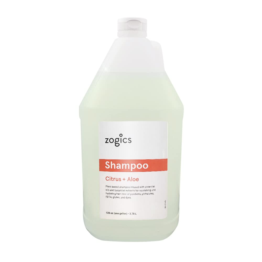 Zogics Citrus + Aloe Shampoo refill bottle; bulk packaging ideal for gyms and spas.