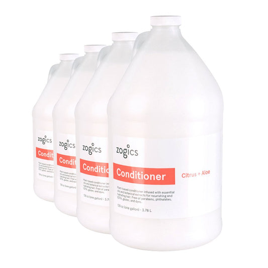 Zogics Citrus Aloe conditioner bottle in a gym locker room for refreshed hair.
