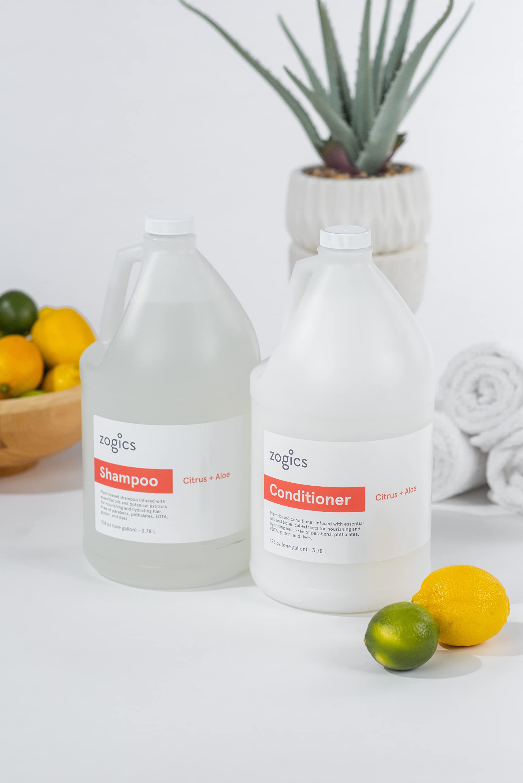Zogics Citrus Aloe conditioner on a vanity for fresh fragrance.