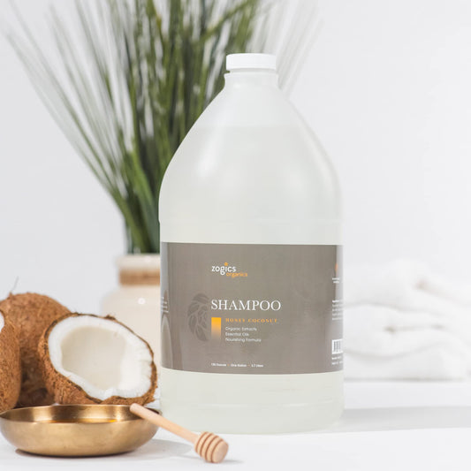 Zogics Organics Shampoo bottle pour demonstrates easy dispensing for quick showers