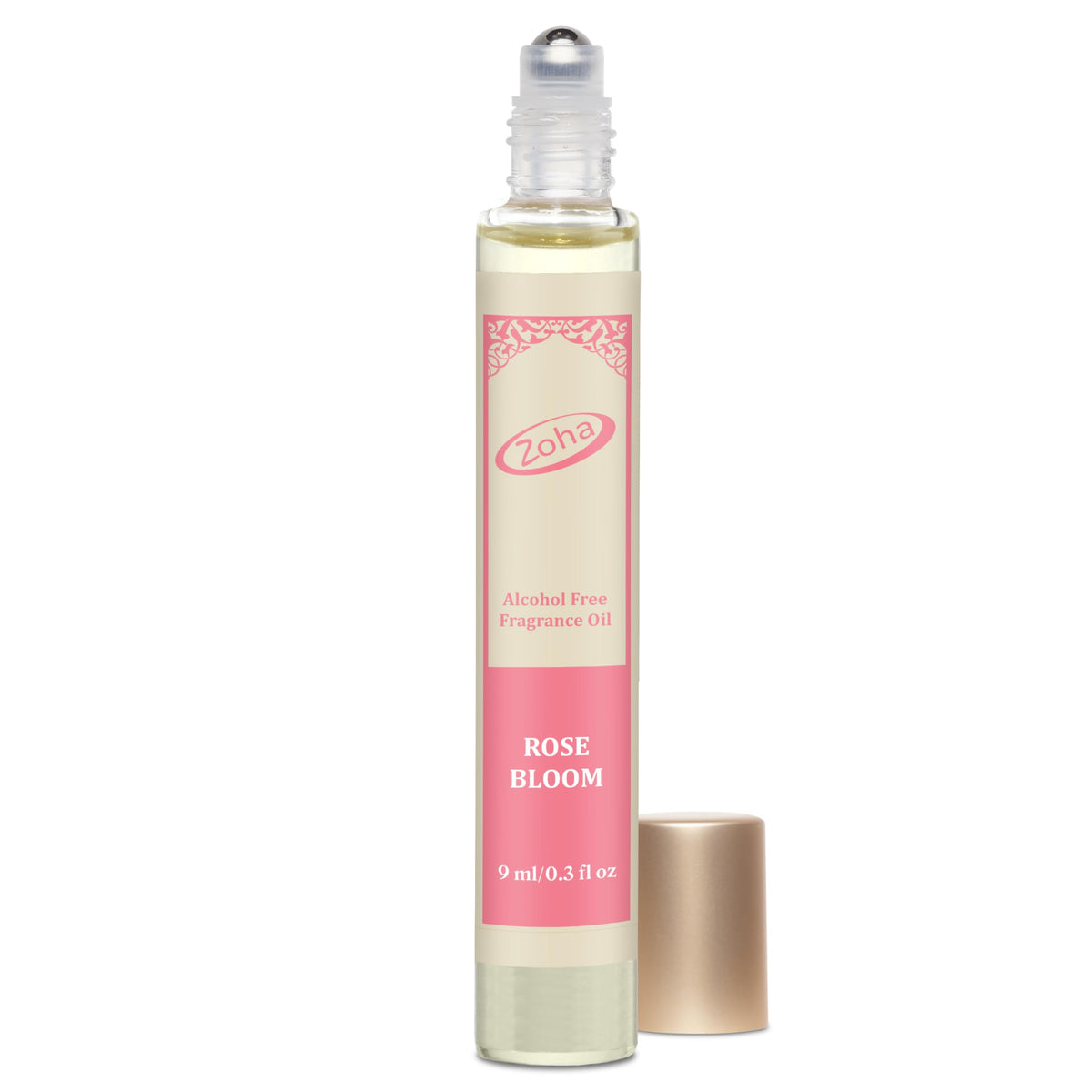 Zoha Rose Bloom roller bottle close-up, a sleek on-the-go fragrance companion.