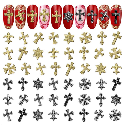 ZOKLU silver and gold cross nail charms with 3D metallic finish for shine