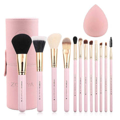 Z'OREYA 12-piece pink makeup brush set with travel case for organized on-the-go beauty.