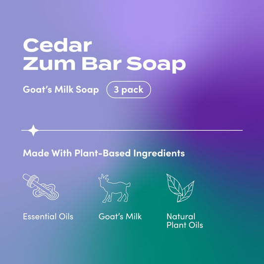 Zum Indigo Wild cedar soap close-up shows creamy lather and natural ingredients.