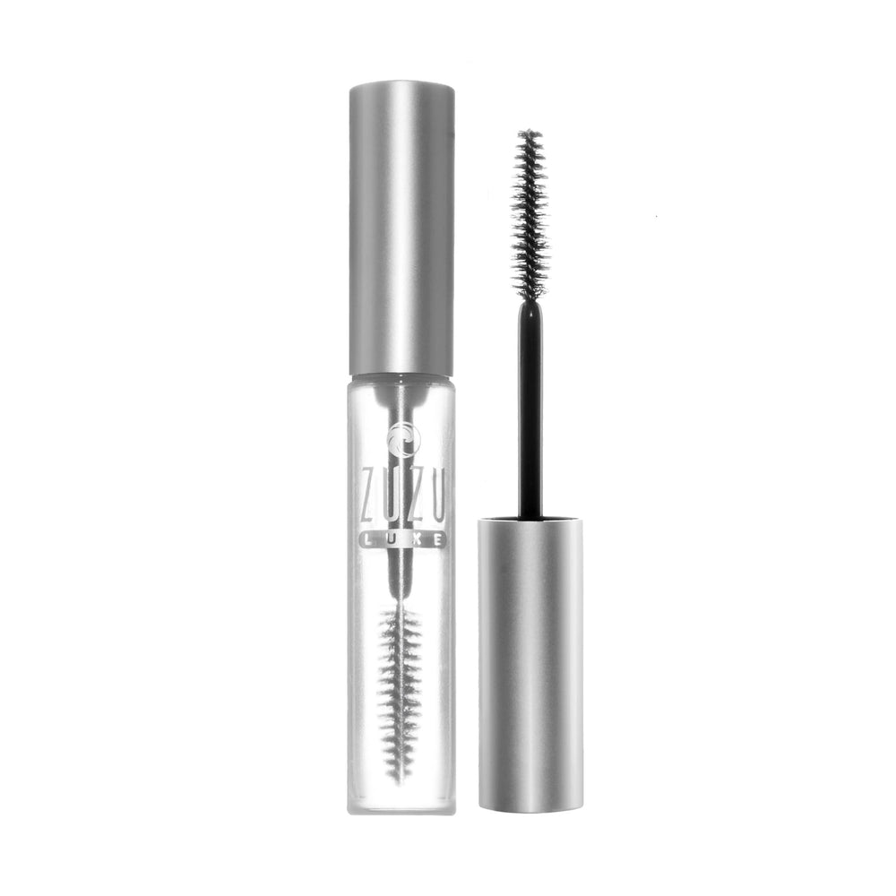 Zuzu Luxe Clear Mascara bottle close-up for versatile lash and brow use