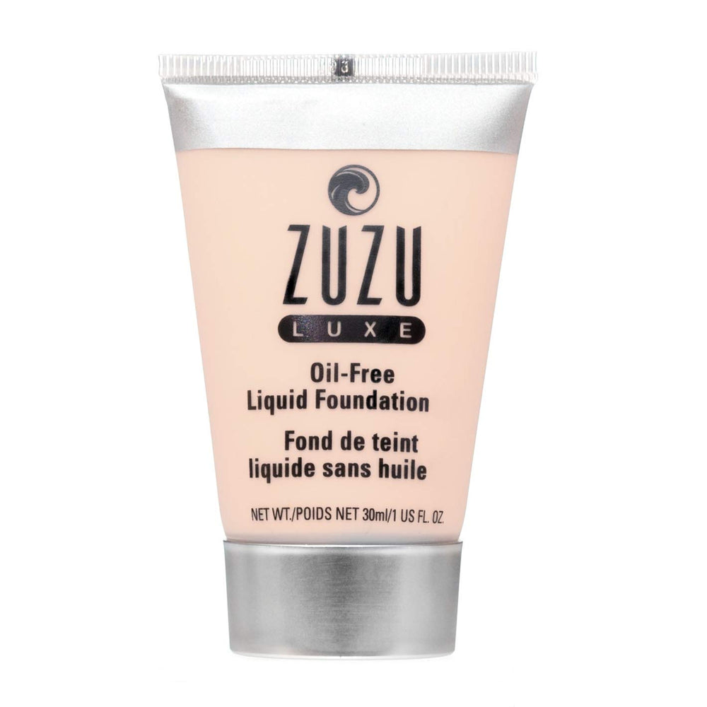 Zuzu Luxe oil-free liquid foundation bottle for a natural, breathable finish.