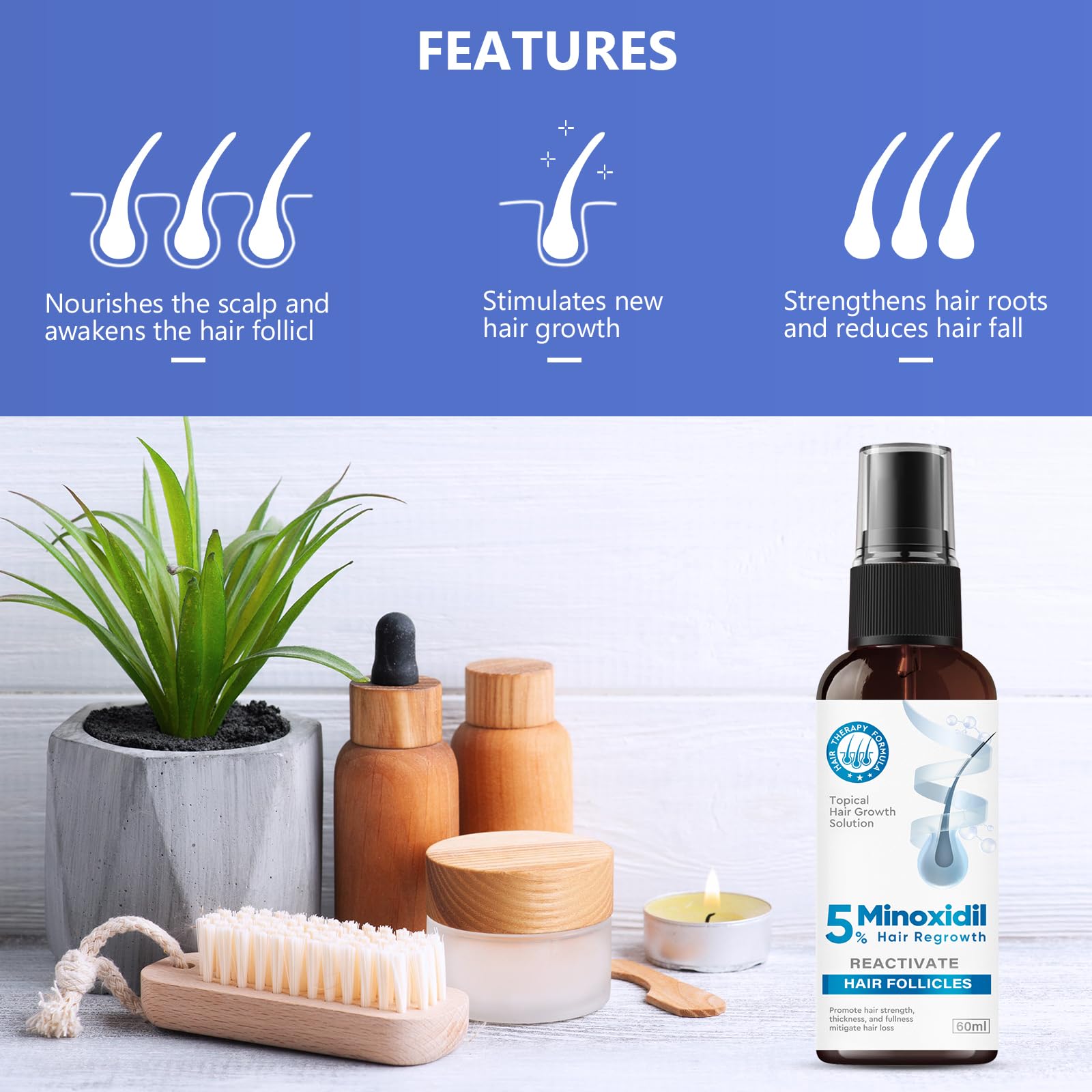 ZVBZVB Minoxidil packaging and bottle detailing product features.
