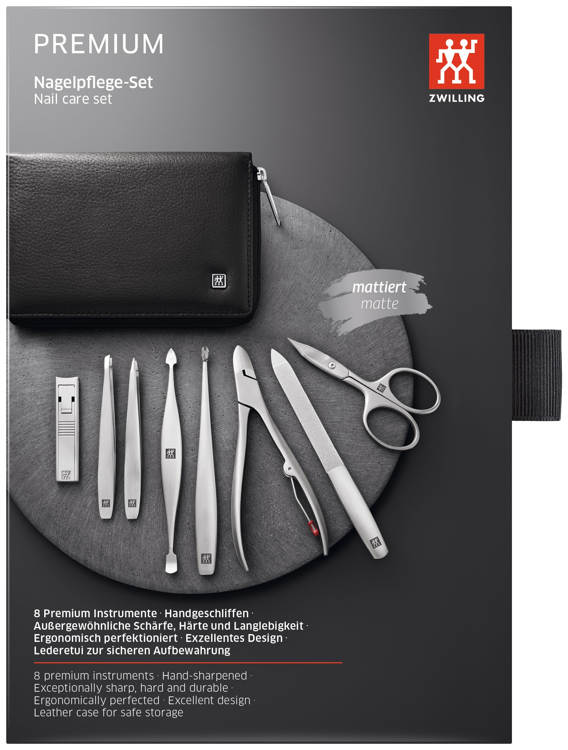 ZWILLING manicure set 8-piece slanted-tweezers, precise grip for targeted grooming.
