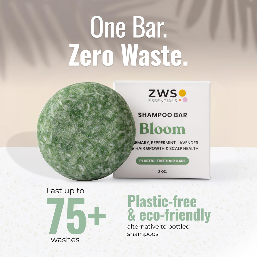 ZWS Essentials Bloom Shampoo Bar zero-waste packaging supports eco-conscious routines.