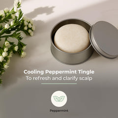 Close-up of ZWS Essentials Peppermint Breeze shampoo bar with cocoa butter detail