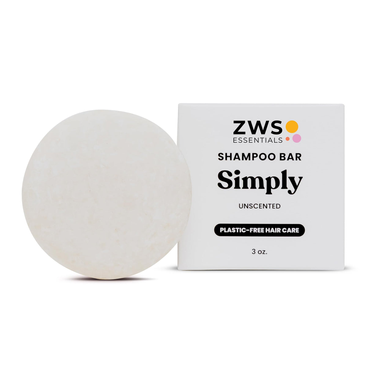 ZWS Essentials Simply Unscented Shampoo Bar packaging shows fragrance-free, eco-friendly design