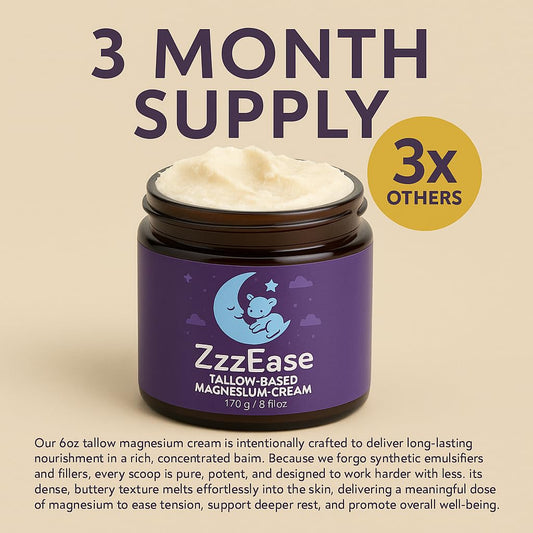 ZzzEase magnesium lotion kids jar closeup showing tallow-based moisture and skin-friendly minerals.