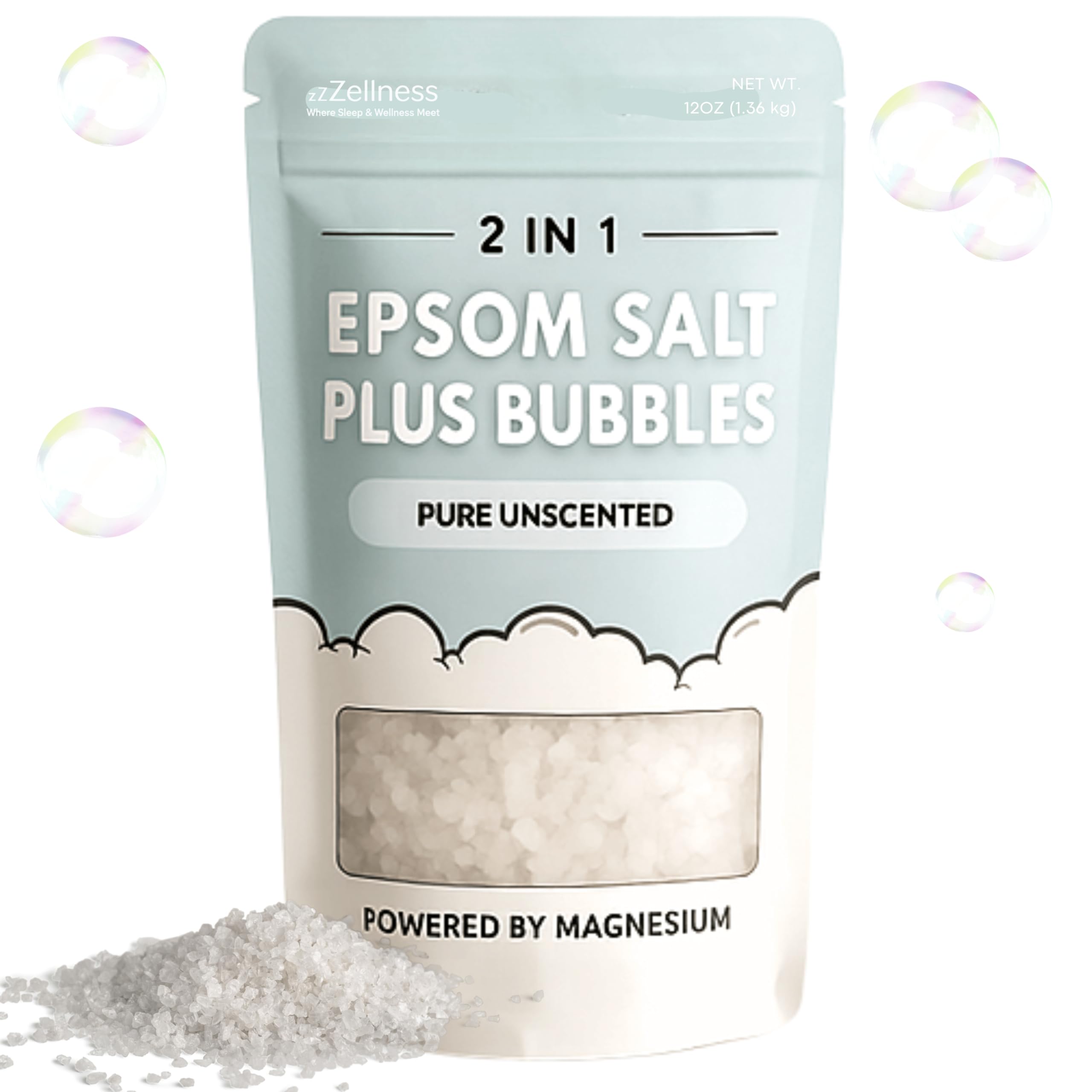 ZZZELLNESS Epsom Salt Plus Bubbles bottle demonstrates a spa-ready soak for muscle relief.