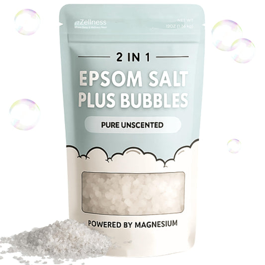 ZZZELLNESS Epsom Salt Plus Bubbles bottle demonstrates a spa-ready soak for muscle relief.