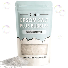 ZZZELLNESS Epsom Salt Plus Bubbles bottle demonstrates a spa-ready soak for muscle relief.