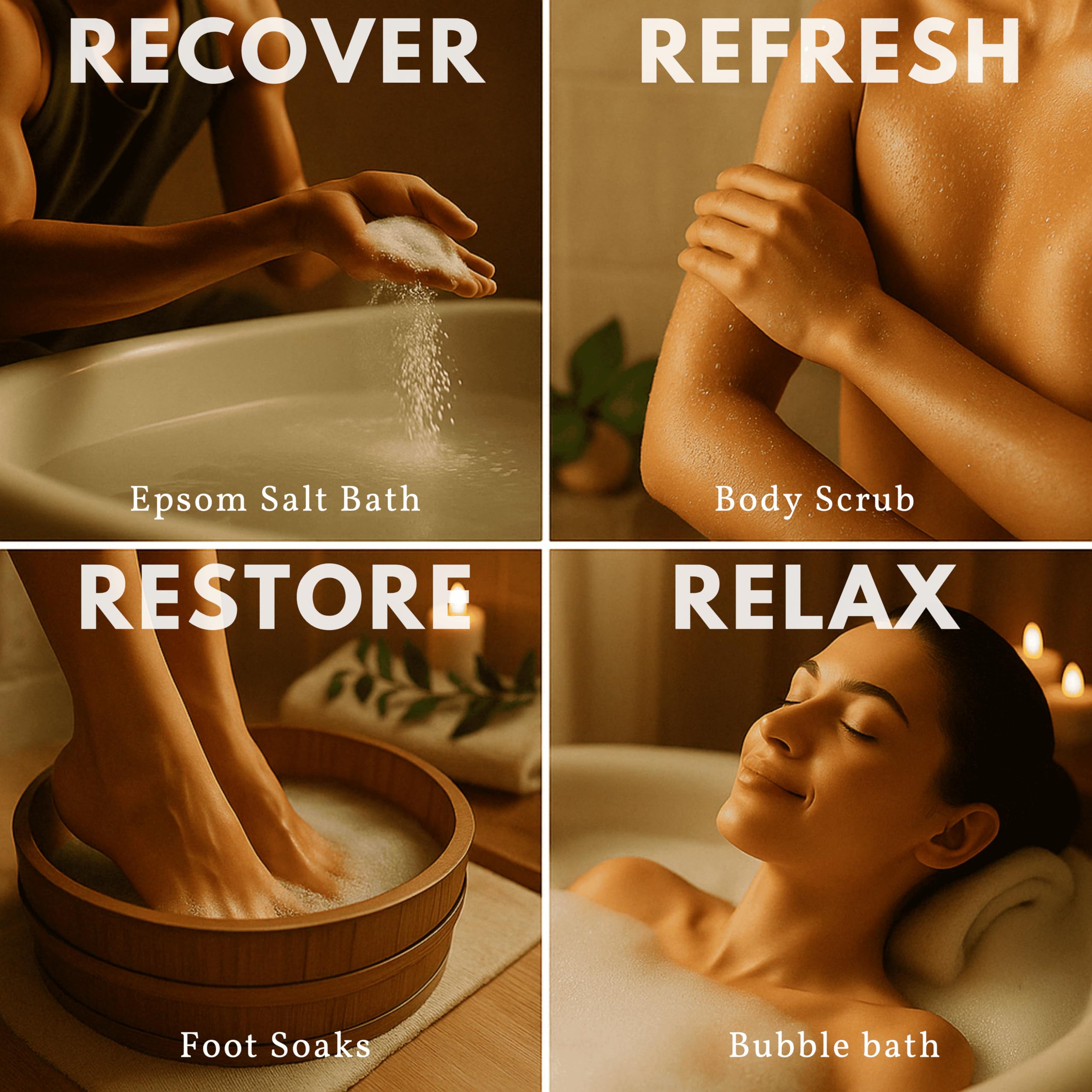 ZZZELLNESS Epsom Salt Plus Bubbles foam bath scene conveys spa-like comfort and stress relief.