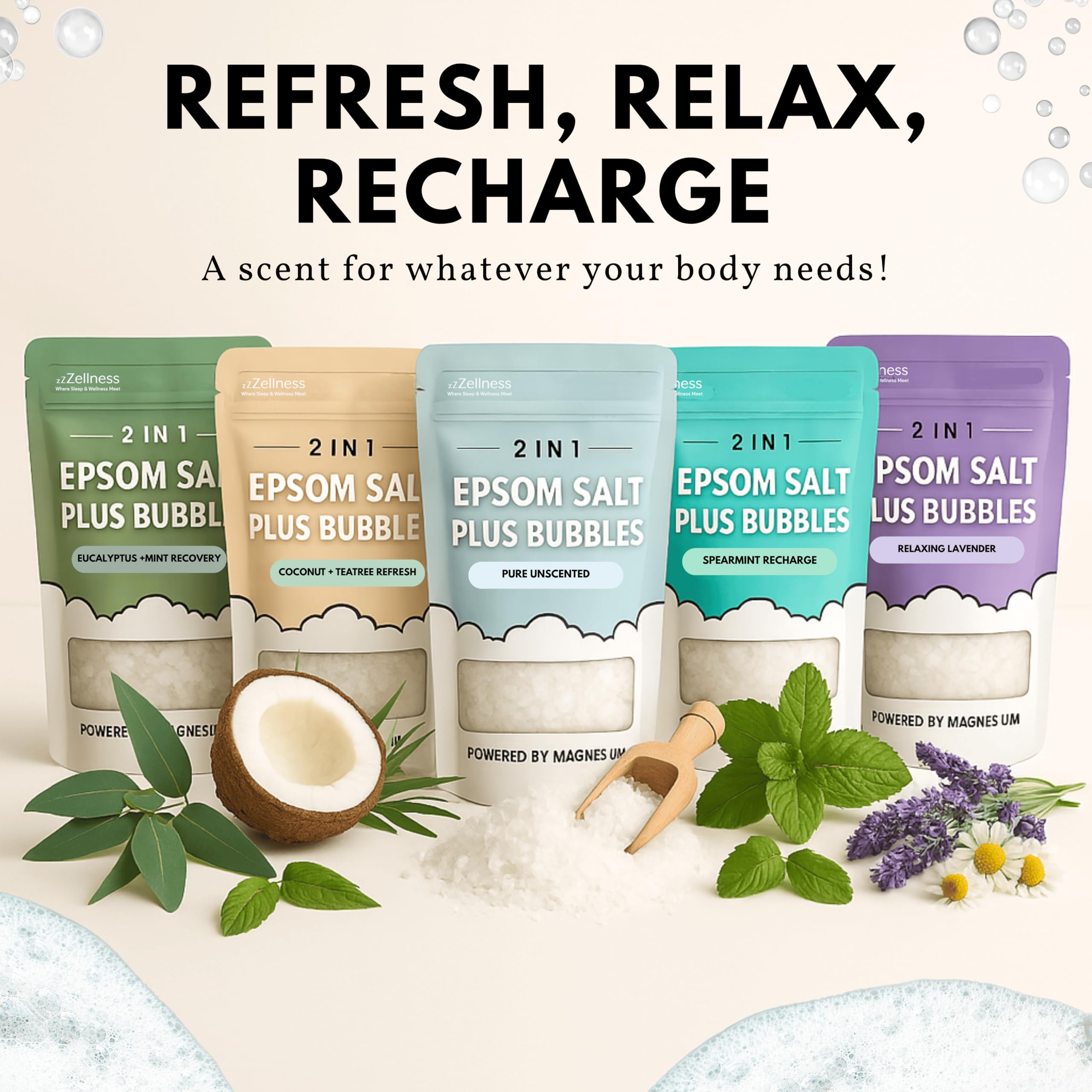 ZZZELLNESS Epsom Salt Plus Bubbles ingredients label emphasizes skin-friendly minerals and gentle care.
