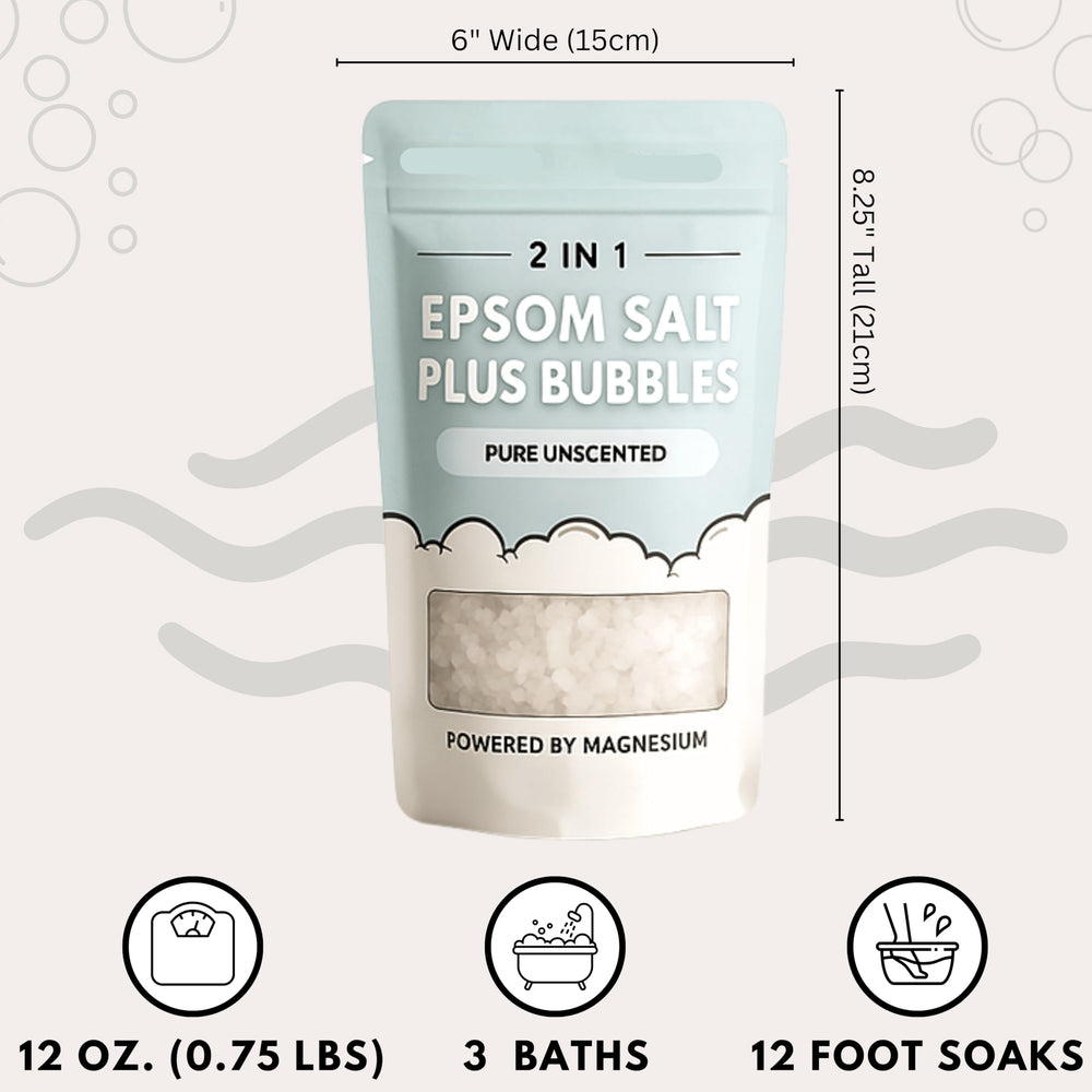 ZZZELLNESS Epsom Salt Plus Bubbles packaging closeup communicates a clean unscented bath soak.