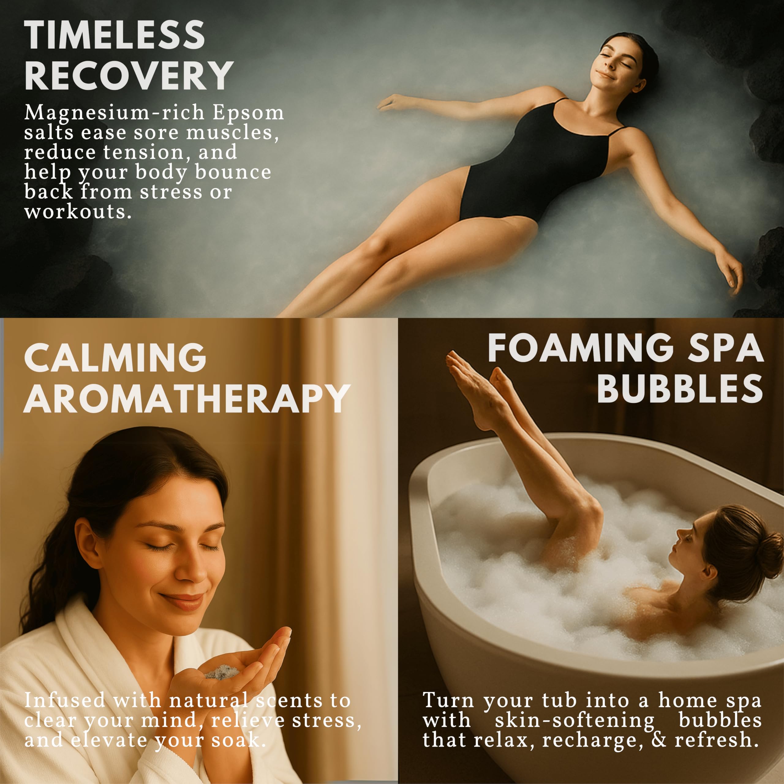 ZZZELLNESS Epsom Salt Plus Bubbles relaxed bath scene suggests evenings of calm and self-care.