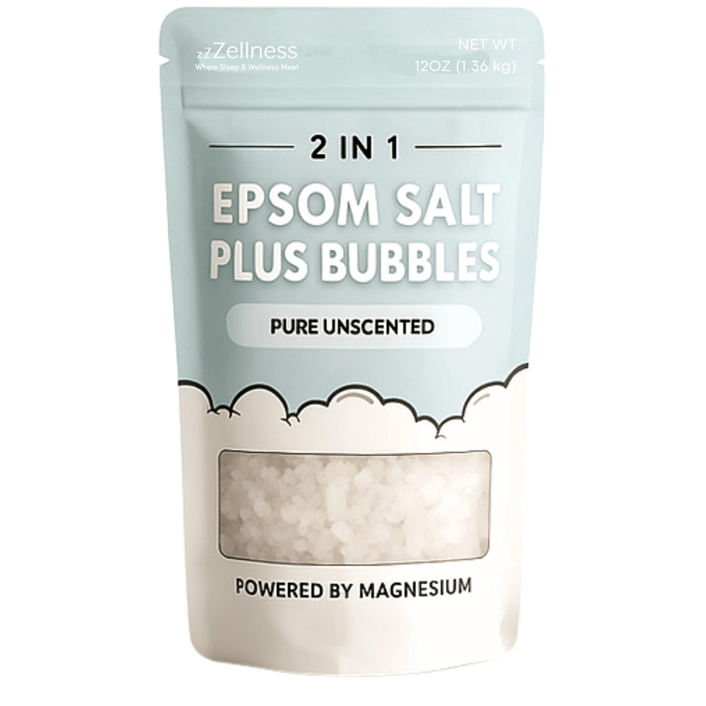 ZZZELLNESS Epsom Salt Plus Bubbles bottle on shelf evokes routine spa-like rituals.